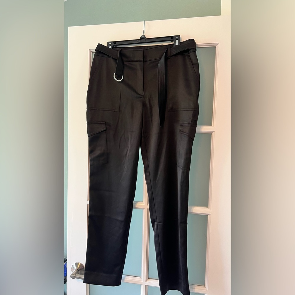 New Chico's Satin Cargo Ankle Pants Fashion Black With Tie Belt  Size 0.5 T